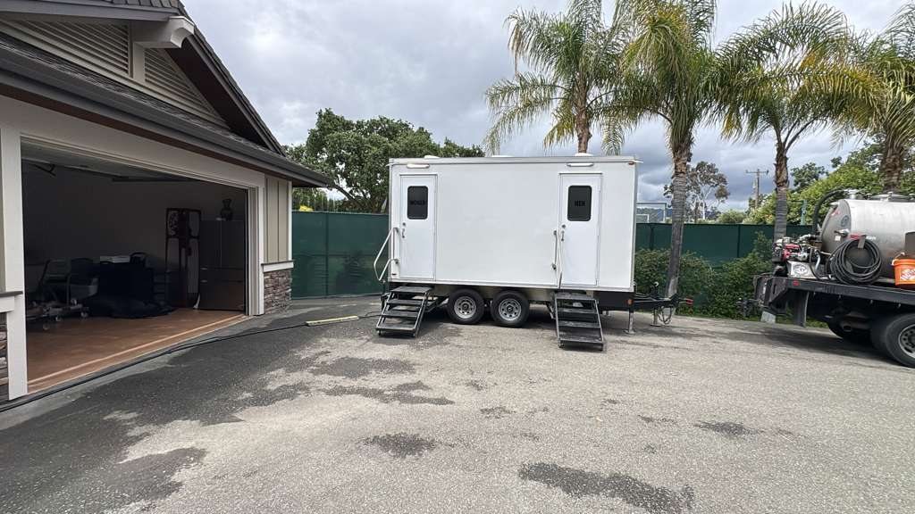 2 station restroom trailer staged at the residential estate, an Oregon restroom trailer rental job