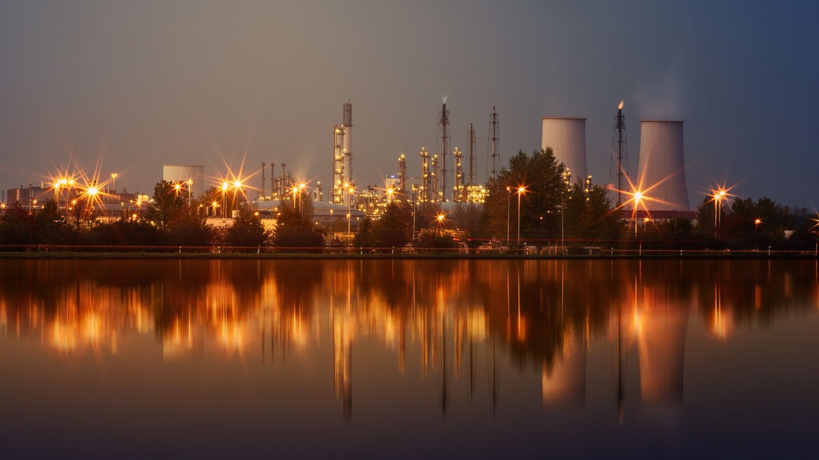 A refinery lit up at night on the Texas Gulf Coast