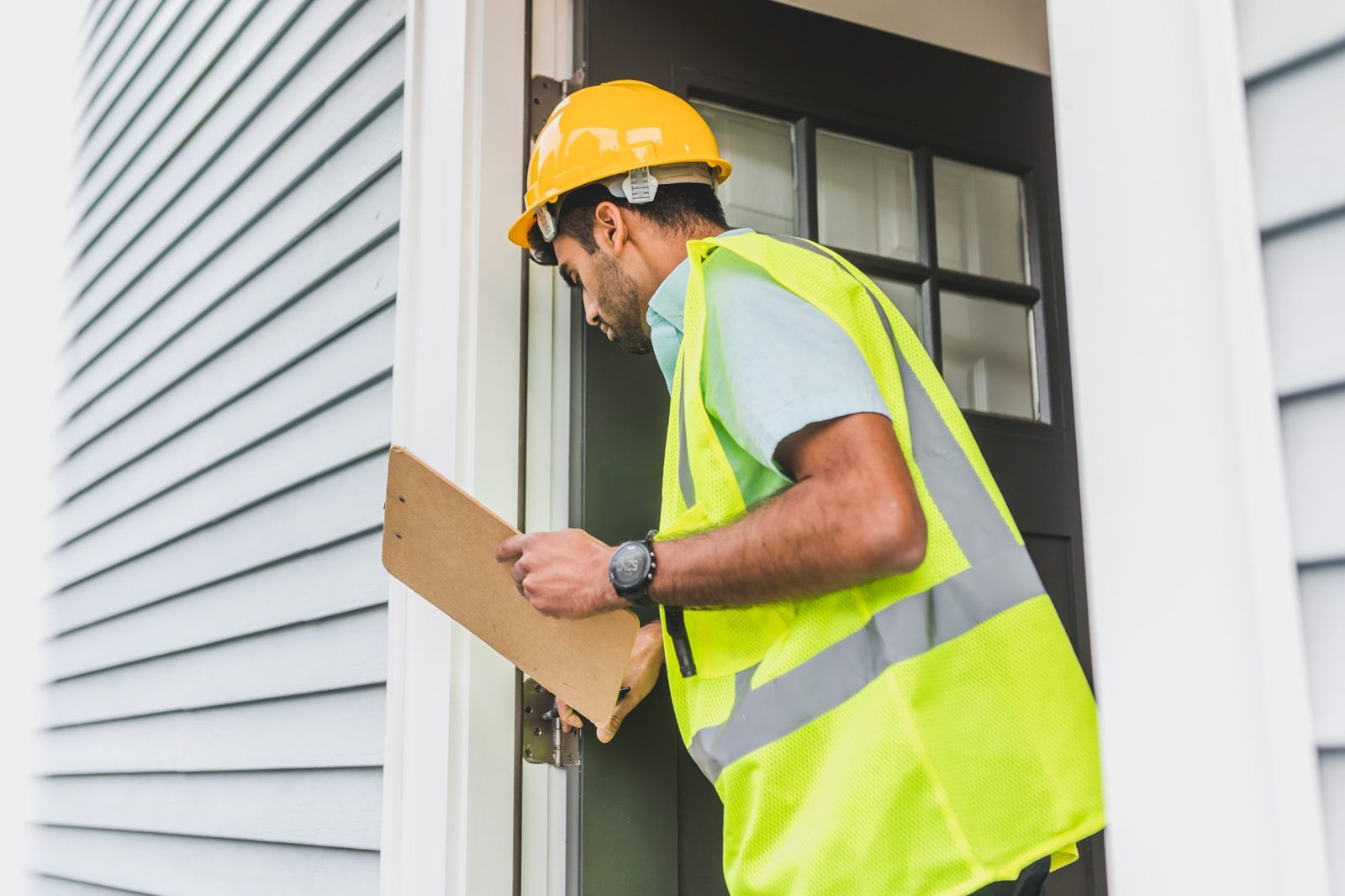 A worker in a hard hat with a clipboard at a house
