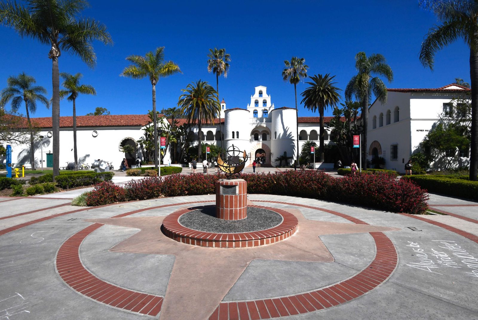 A palm lined plaza on a California campus