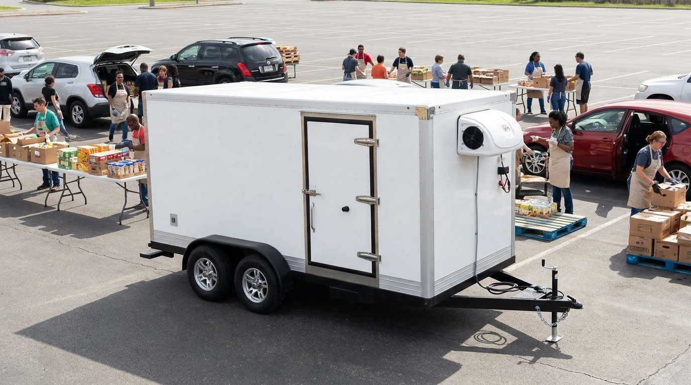 Long white freezer trailer backed up to a Denver grocery distribution loading dock with pallets staged for transfer