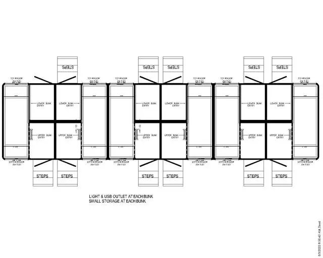 Layout drawing of six private cabins stacked two bunks each along a center aisle