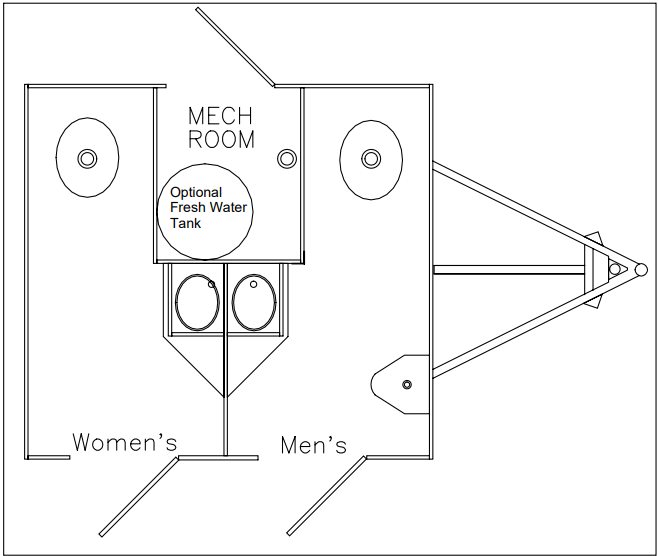 Compact Series layout diagram with two private restroom rooms over a single axle chassis