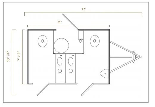 Floor plan of the 2 station unit showing the women's toilet and sink suite beside the men's suite with urinal