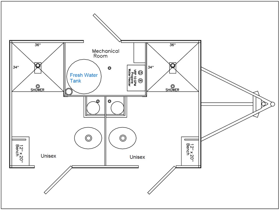 Combo floor plan pairing a toilet, sink and private shower inside each of two locking suites