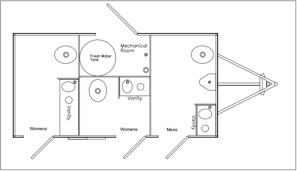 Diagram splitting the 3 station trailer into women's stalls and a men's toilet and urinal side
