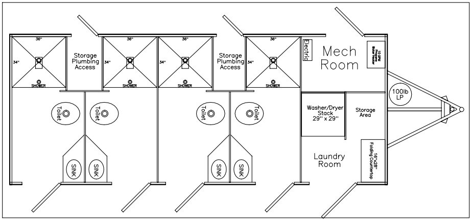 Chassis plan placing the laundry bay beside shower stalls and the restroom end