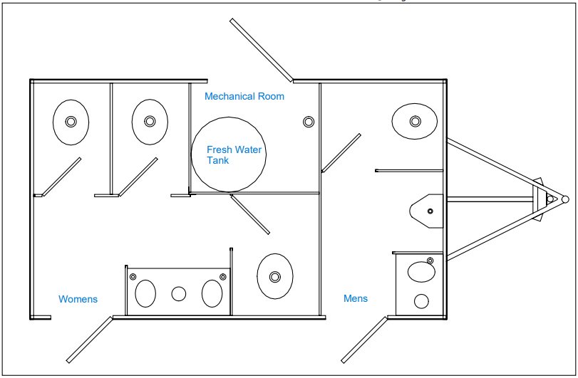 5 station floor plan detailing stall count, urinals, sink counters and HVAC placement