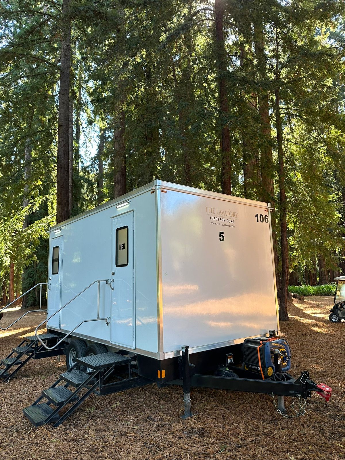 Five station luxury bathroom trailer with dual entrances, the most rented mid size unit in the fleet