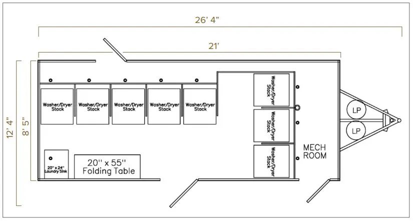 Machine layout drawing for the 8 washer dryer trailer with folding counter along one wall