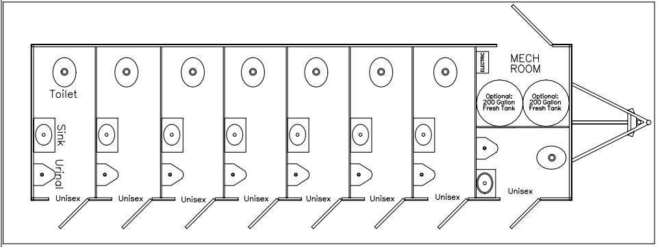 Layout drawing of eight self contained private suites running the length of a 35 foot chassis