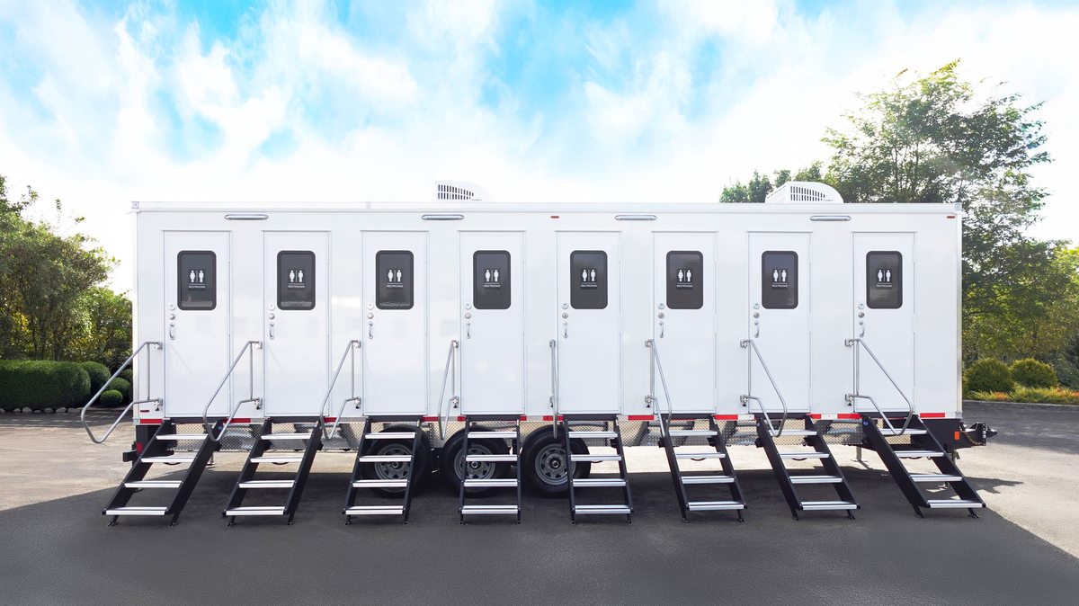 Pro Series trailer with eight individually locking private restroom suite doors along one side