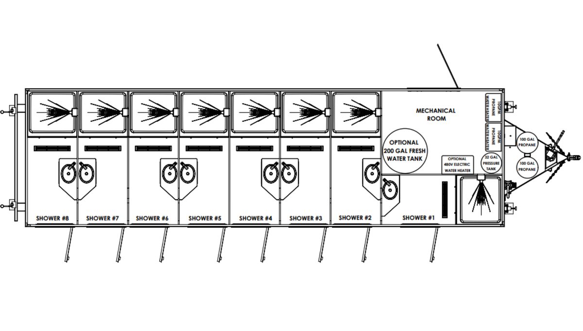 Interior plan of the 8 stall shower unit marking benches, water heater bay and greywater tanks