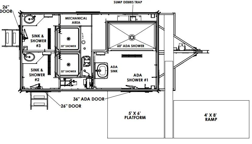 Diagram of the zero threshold shower suite, fold down seat and twin standard stalls