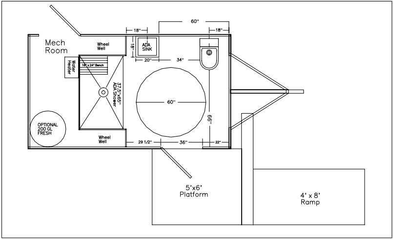 All in one accessible suite plan showing fixture spacing and grab bar runs