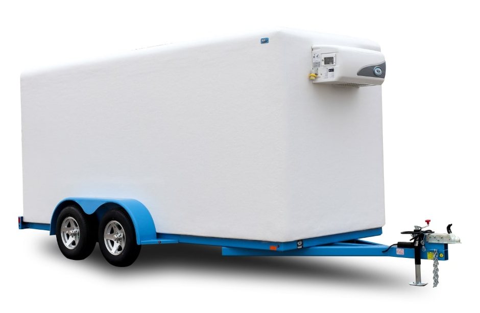 White freezer trailer rear view with cold storage door hardware