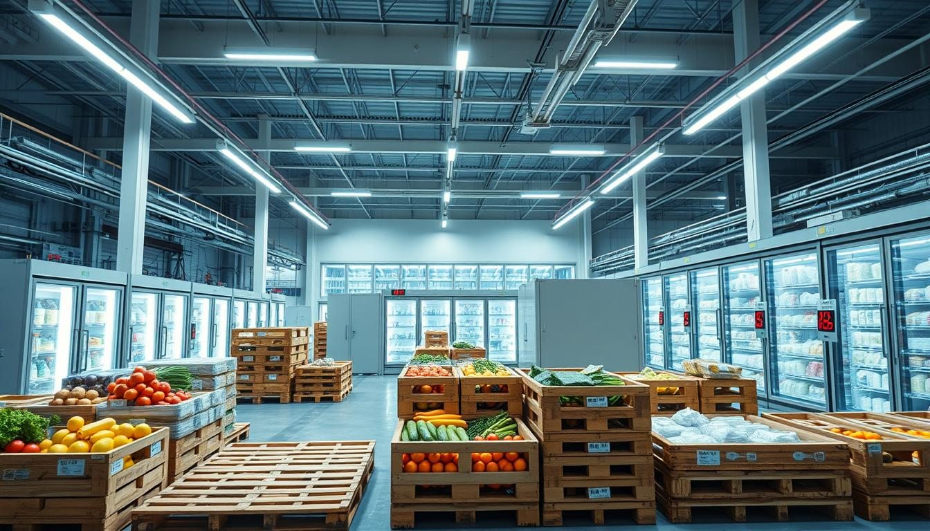 Cases of frozen goods stacked inside a commercial cold storage unit at holding temperature