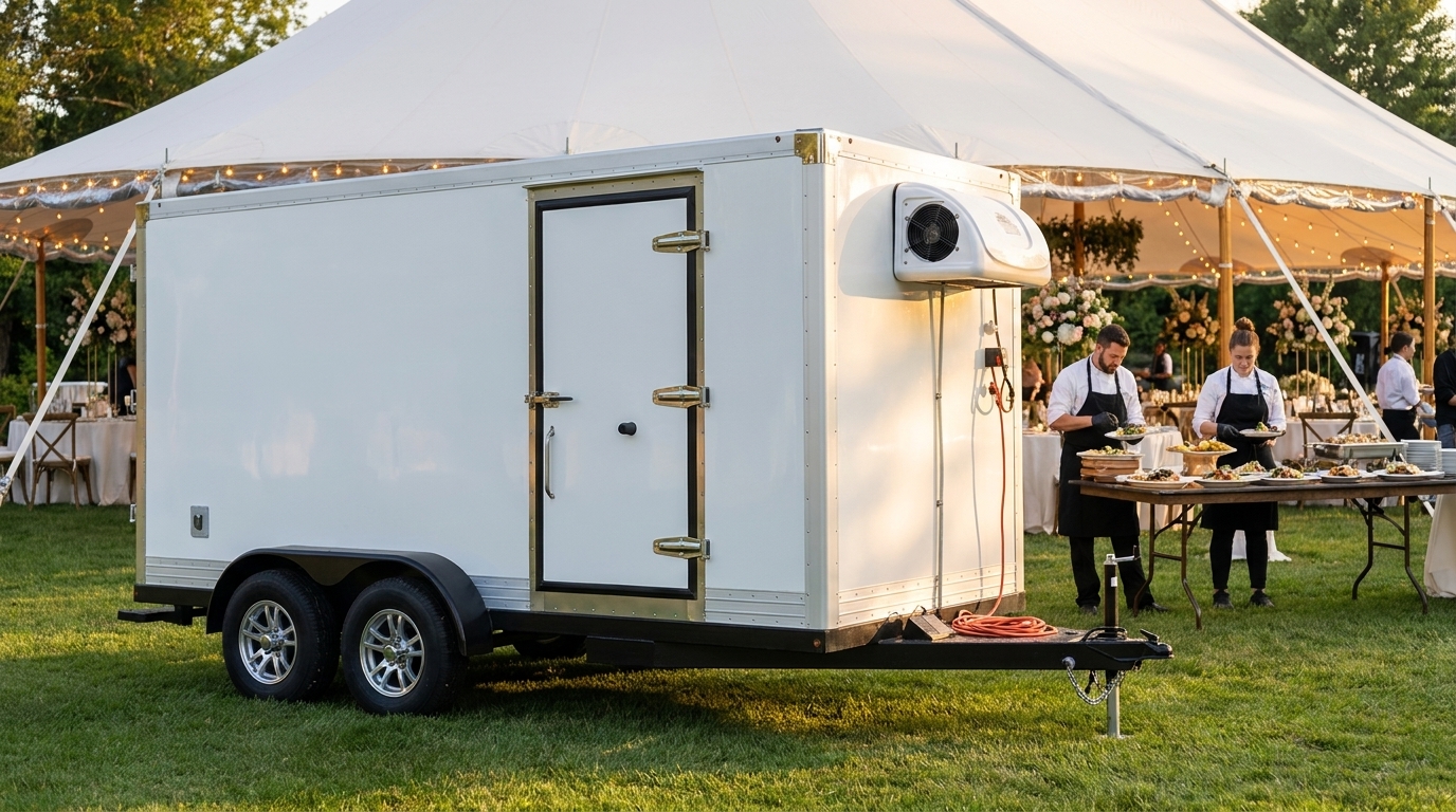 White refrigerated trailer parked at the loading dock of a Hawaii resort kitchen, tropical landscaping and blue sky