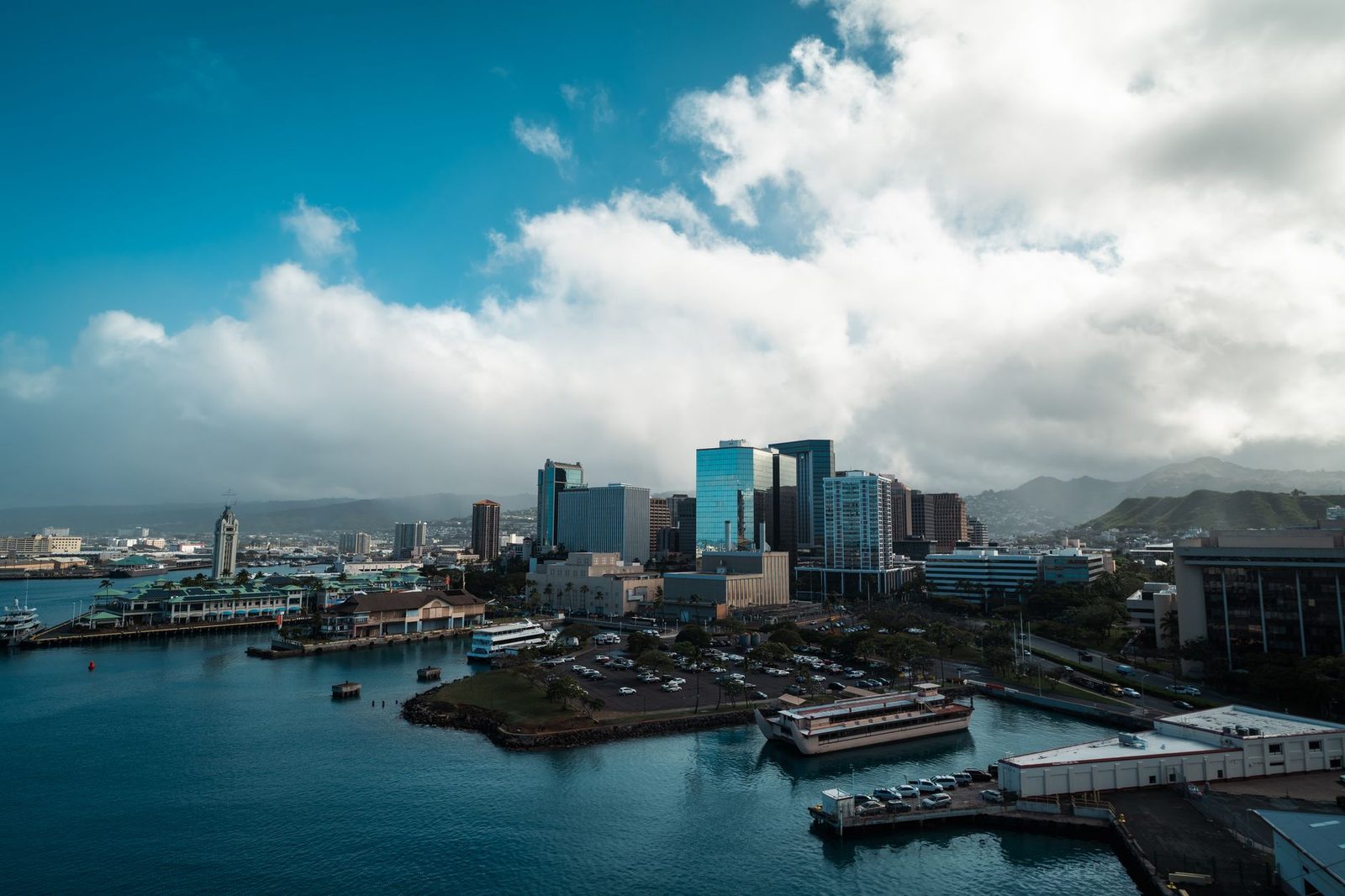 Downtown Honolulu and its harbor seen from above