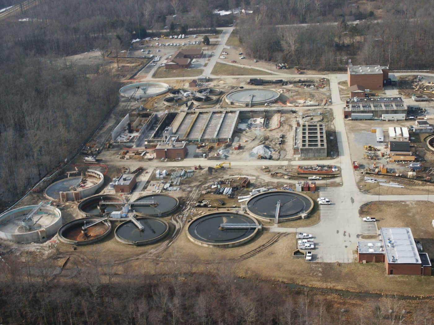 Aerial view of a municipal water treatment plant under rehabilitation