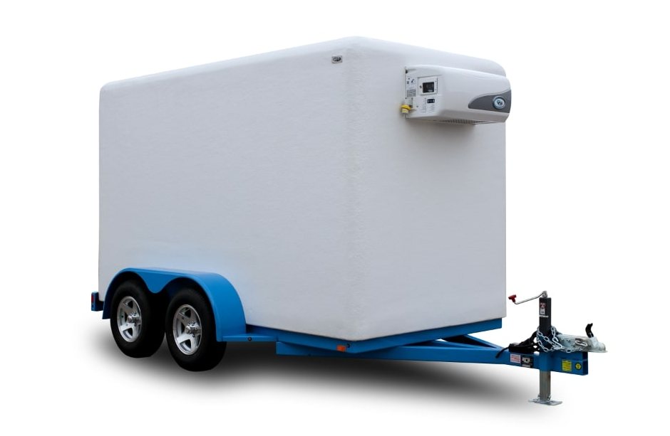 Refrigeration trailer with rear doors open at a working loading area