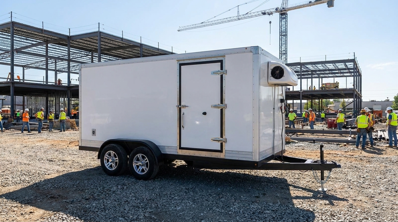 A refrigerated trailer backed against a large distribution warehouse dock in the Reno Sparks industrial corridor under a clear high desert sky
