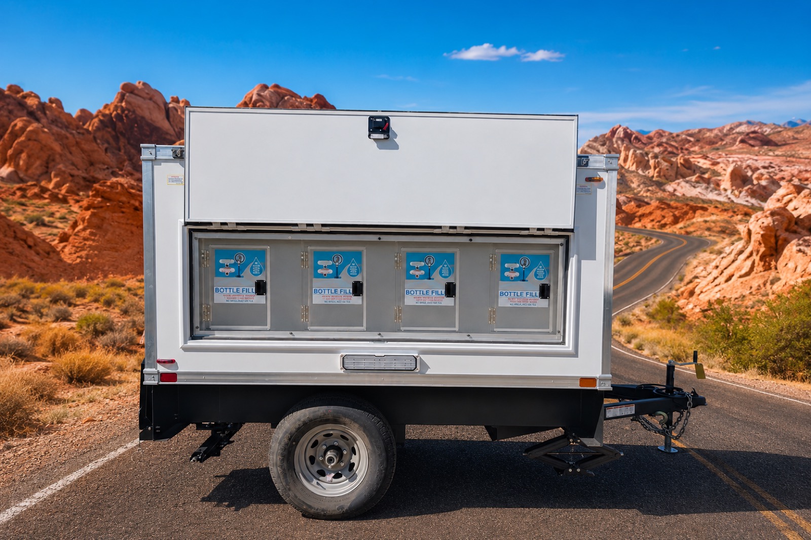 Our Signature Series water station trailer with four bottle-fill stations, ready for San Jose delivery