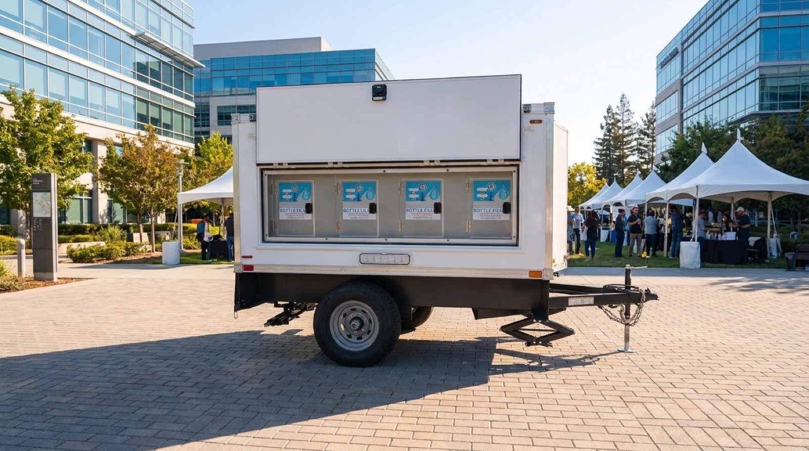 Signature Series water station trailer parked on a landscaped Silicon Valley campus lawn while employees in lanyards refill bottles at the rails