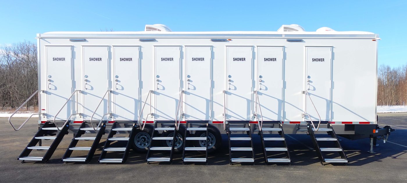 Eight station private shower trailer with individual entry doors