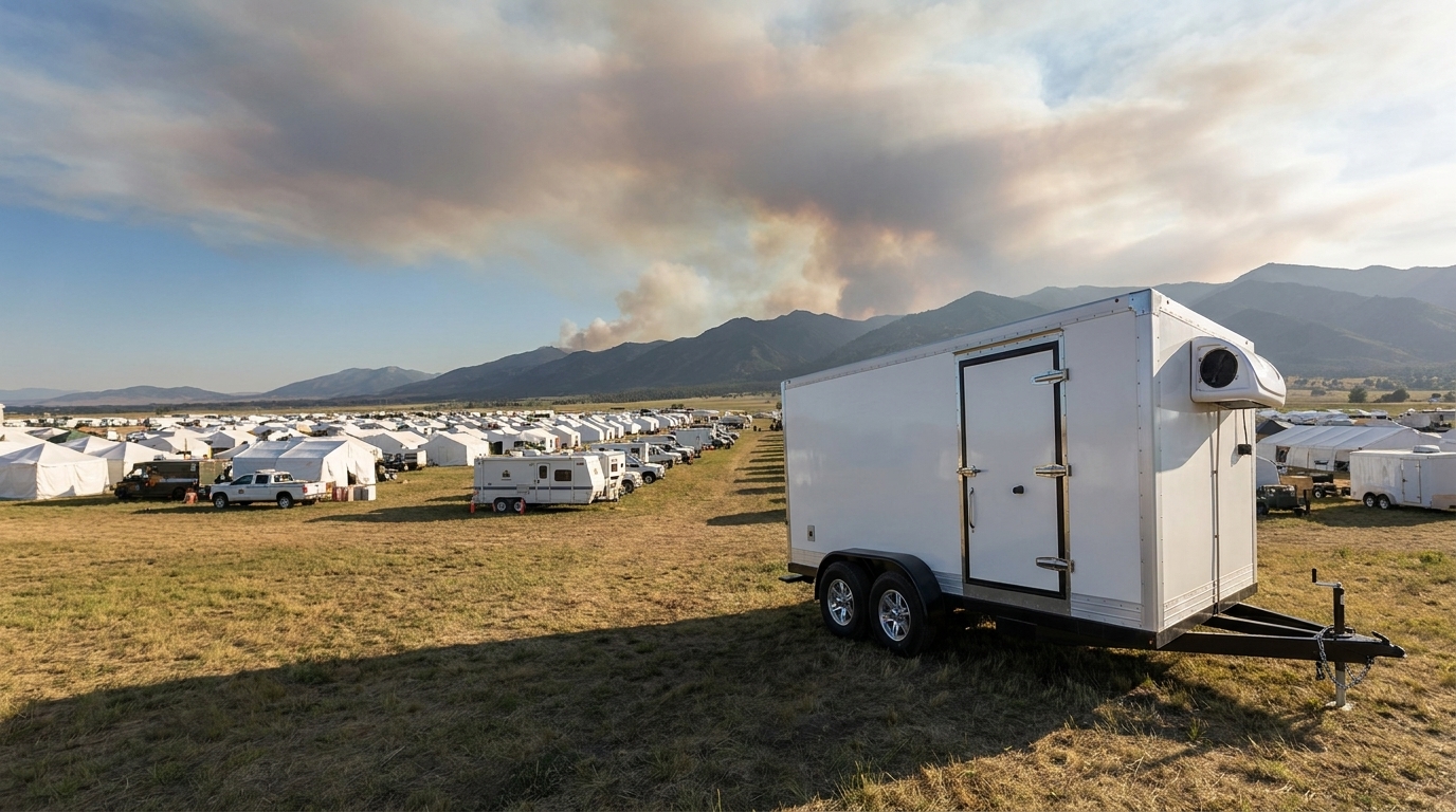 White refrigeration trailer with a generator running at a mountain wildfire base camp staging area in Utah, smoke haze in the distance