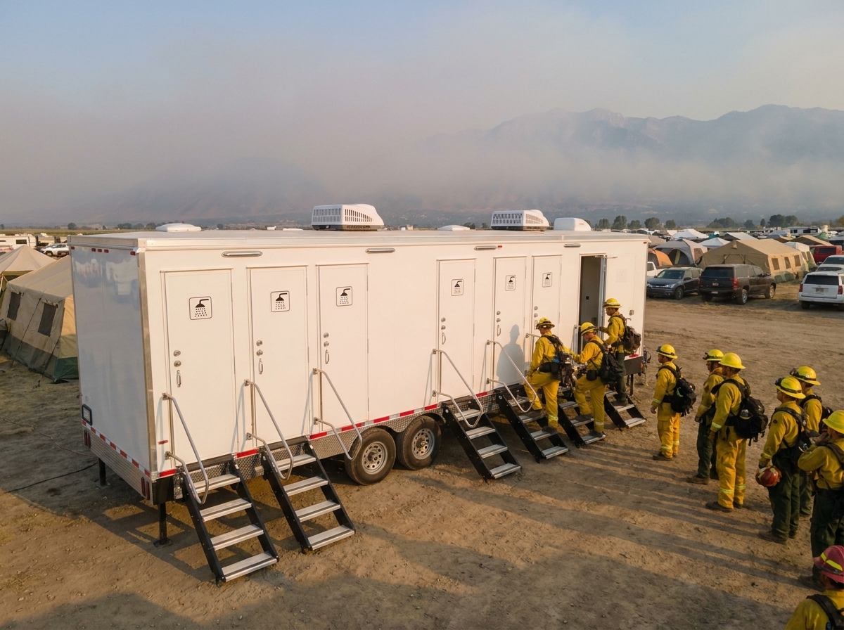 Wildland firefighters in yellow Nomex coming off the line at a Utah fire camp at dusk, lined up at a a deluxe multi-stall unit shower trailer, incident tents and the Wasatch range smoke haze behind them