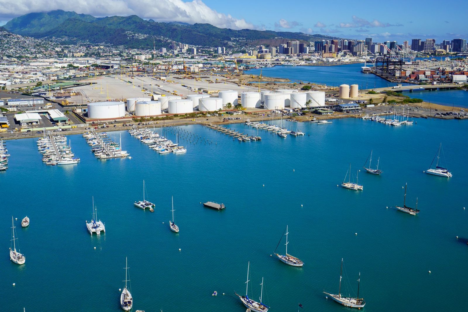 Boats moored at Keehi boat harbor on the Honolulu coast