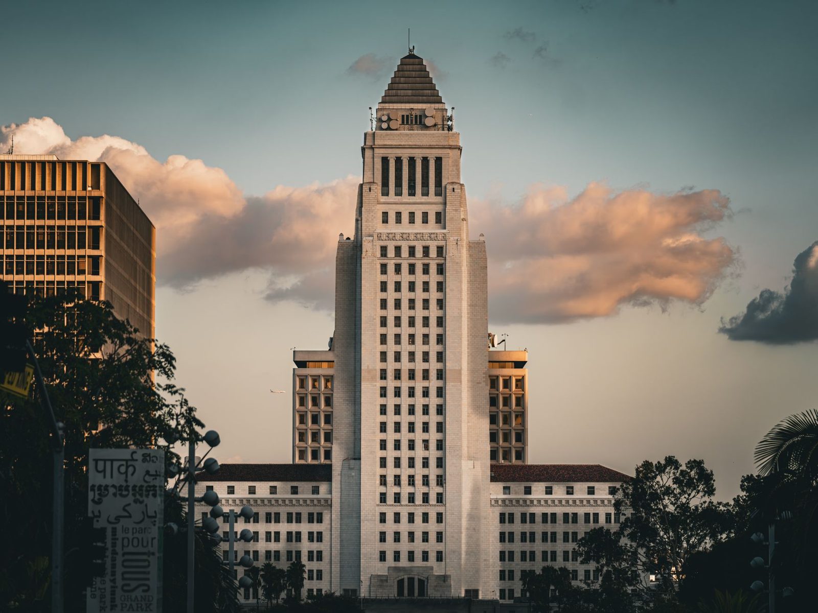 Los Angeles City Hall against an evening sky