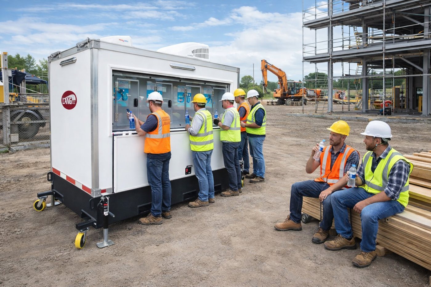 White drinking water station trailer in closed transport configuration